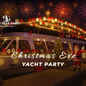 Christmas Eve Yacht Party in Dubai with festive decorations, live entertainment and skyline views