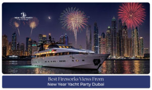New Year fireworks viewed from a luxury yacht party in Dubai Marina at night