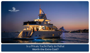 Private yacht party cruising along Dubai Marina with guests enjoying luxury views and the city skyline.