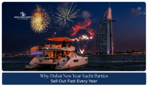Dubai New Year yacht party with fireworks views, entertainment, and luxury celebrations