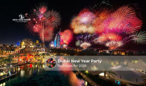 Dubai New Year 2026 celebration with fireworks, luxury parties, and a festive city skyline.