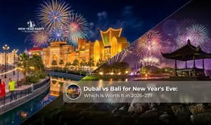 Travellers enjoying New Year's Eve fireworks in Dubai and a beachfront celebration in Bali