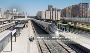 Etihad Rail passenger train traveling across the UAE with modern stations and comfortable seating