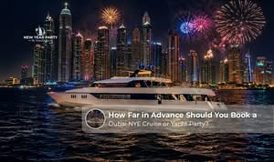 Luxury Dubai NYE cruise yacht party with fireworks over the city's iconic skyline.