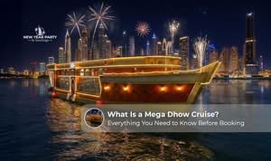 Guests enjoying a Mega Dhow Cruise Dubai dinner with city views and entertainment