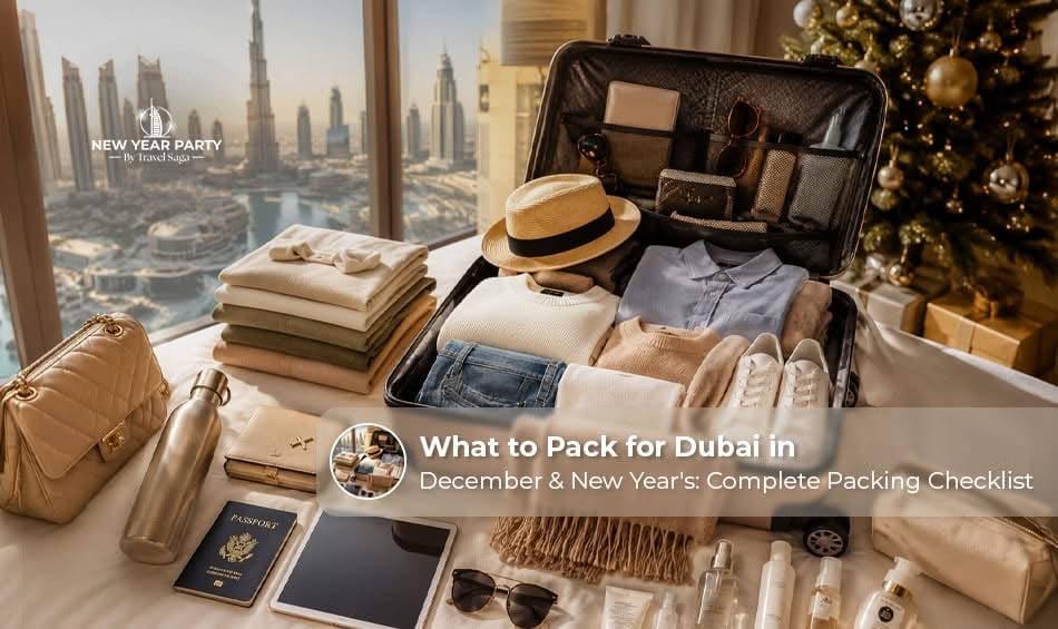 Traveller packing winter clothing, travel essentials, and accessories for a Dubai holiday in December