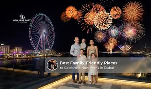 Family enjoying New Year's Eve celebrations at popular family-friendly attractions in Dubai with fireworks and entertainment.