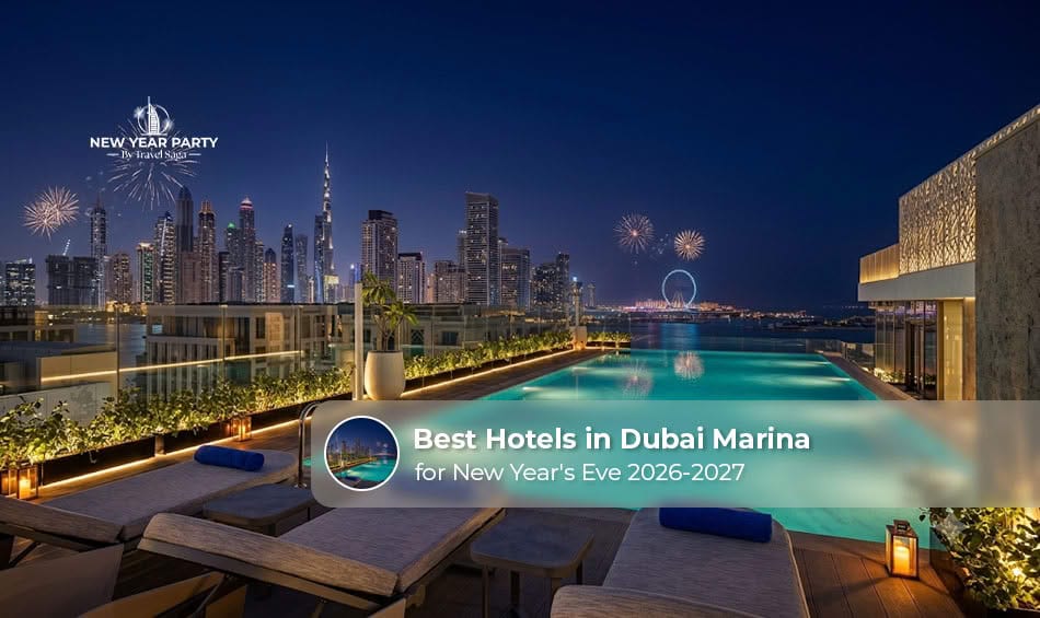 Luxury Dubai Marina hotels decorated for New Year's Eve 2026–2027 with stunning waterfront and skyline views.
