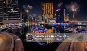 Dubai Marina New Year's Eve celebration with fireworks, luxury yachts, waterfront dining, and festive atmosphere