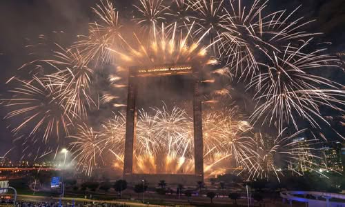 Dubai Frame fireworks illuminating the skyline during New Year celebrations