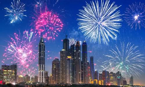 Dubai Marina fireworks lighting up the waterfront during New Year celebrations
