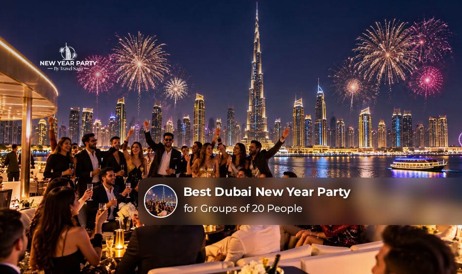 A group of 20 people enjoying a festive New Year celebration in Dubai.