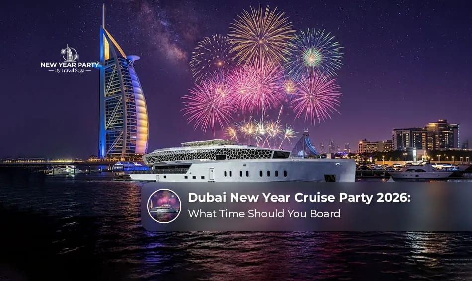 Dubai New Year cruise party with fireworks and festive celebrations.