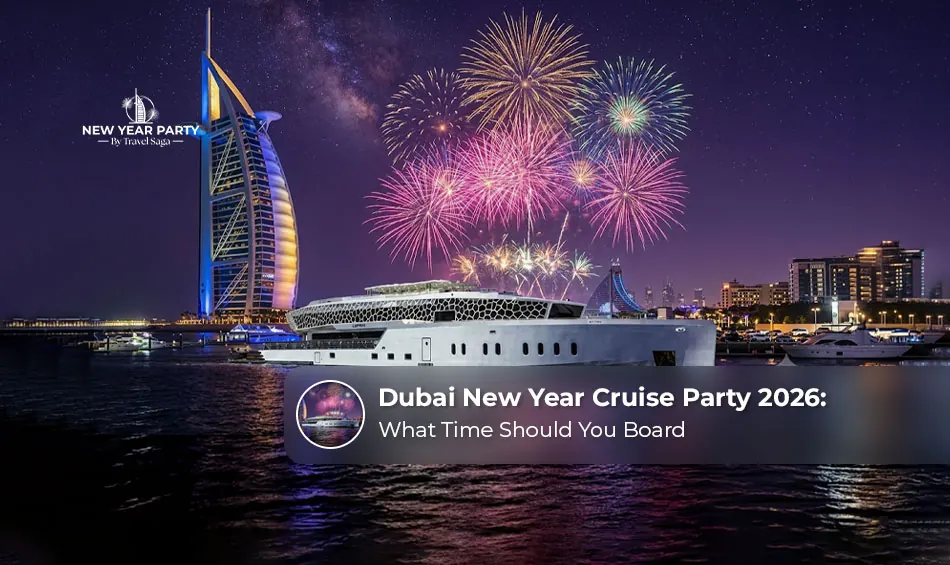 Dubai New Year cruise party with fireworks and festive celebrations.