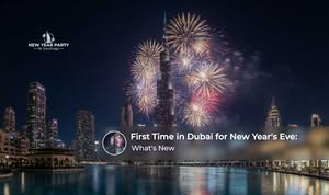 Crowds gathering around Dubai landmarks to celebrate New Year's Eve with festive lights.