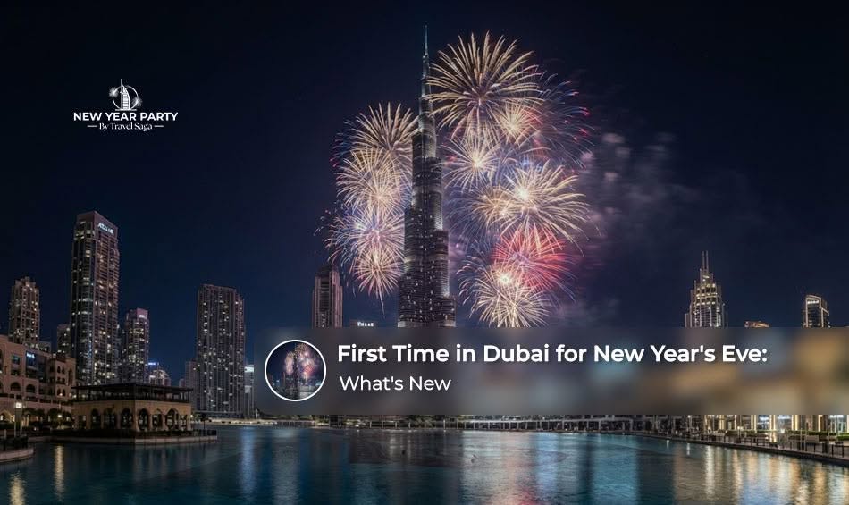 Crowds gathering around Dubai landmarks to celebrate New Year's Eve with festive lights.