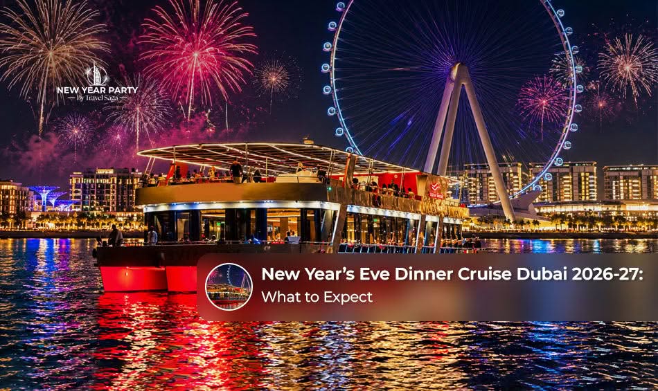Guests enjoying a festive New Year’s Eve dinner cruise with Dubai’s illuminated skyline in the background.