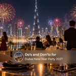 Travellers enjoying a festive New Year celebration in Dubai while following local event guidelines.