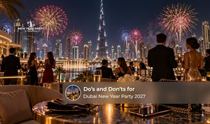Travellers enjoying a festive New Year celebration in Dubai while following local event guidelines.