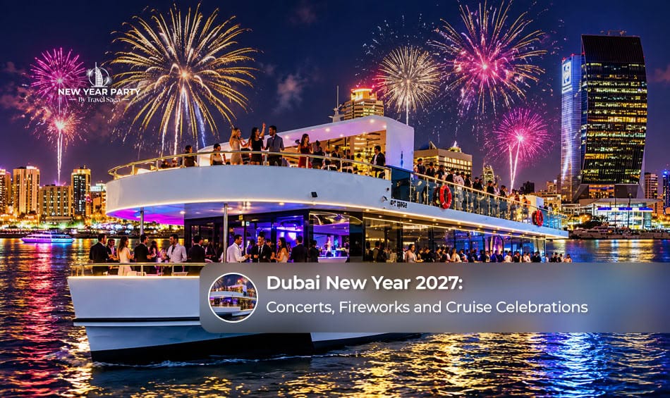 Crowds gathering to watch New Year celebrations with fireworks over Dubai and festive cruises along the waterfront.