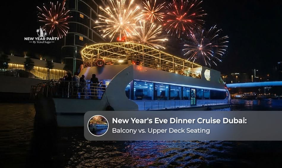 Guests enjoying a festive New Year's Eve dinner aboard a Dubai cruise on the upper deck balcony.