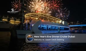 Guests enjoying a festive New Year's Eve dinner aboard a Dubai cruise on the upper deck balcony.