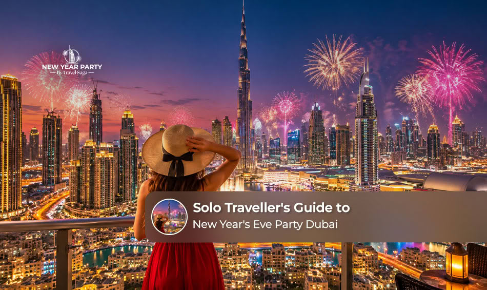 Solo traveller enjoying Dubai New Year's Eve celebrations with spectacular city lights.